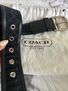Coach women’s black Signature woven jacquard  Leather Belt Silver Buckle woven S